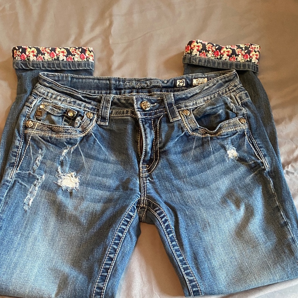 Miss Me Blue Distressed Ankle Jeans with Floral Cuffs